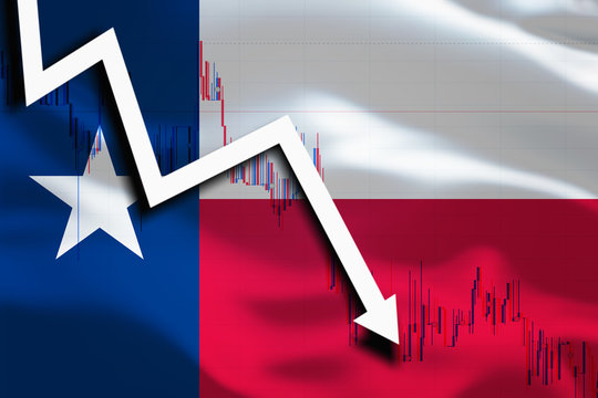 Texas US State background with waving flag white arrow and stocks chart fall down.
