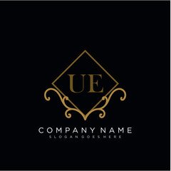 Initial letter UE logo luxury vector mark, gold color elegant classical