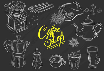 Set of coffee symbols lettering drawing in vintage style. Vector card design with hand drawn coffee and dessert illustration. Decorative background with coffee sketch for restaurant or cafe menu