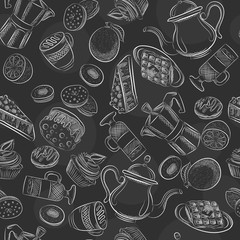 Cartoon hand-drawn doodles on the subject of cafe, coffee shop theme seamless pattern
