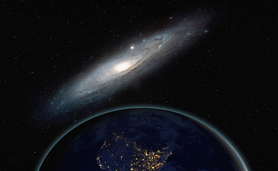 View of the planet Earth from space with The Andromeda Galaxy ( Messier 31) " Elements of this image furnished by NASA"