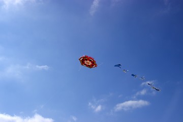 Paper kite flying alone into deep blue sky at the feast day of christian orthodox clean Monday 