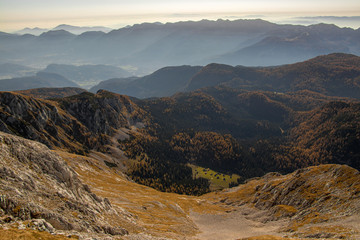 Mountain pasture Laz in distance, autumn time