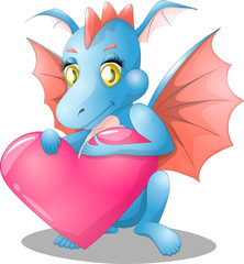 Vector cartoon character dragon with big pink heart