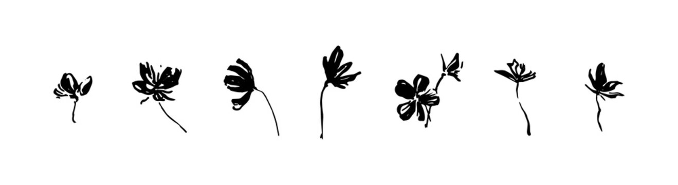 Set of hand drawn simple tree flowers. Grunge style brush painting vector silhouette. Black isolated vector on white background.