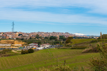 Cityscape of Mazzarino with the Mount Etna in the Background, Caltanissetta, Sicily, Italy, Europe