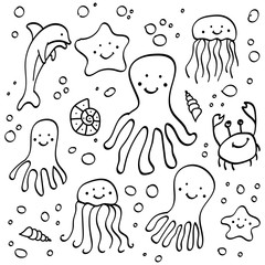 Coloring page. Set of hand drawn sea animals. Vector