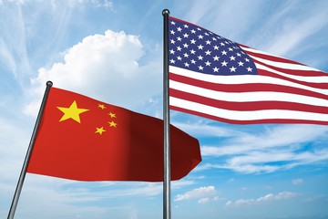 3D illustration of USA and China flag
