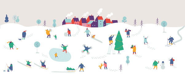 Winter city with people horizontal banner.  Winter outdoor activities - skating, skiing, throwing snowballs, building snowman. Crowd of people in warm clothes flat vector illustration.