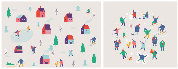 Obraz premium Winter outdoor activities - skating, skiing, throwing snowballs, building snowman. Crowd of tiny people in warm clothes flat vector illustration.