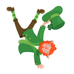 Leprechaun in a stand on one hand. Isolate on a white background. Vector graphics.