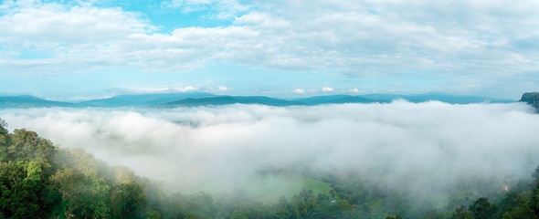 Panorama beautiful mountain of the view point. Scenic beauty with mist in the morning. Phu Pha Nong, Loei, Thailand.