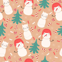 Seamless pattern with snowmen, snow cats, Christmas trees and sweets. Vector graphics.