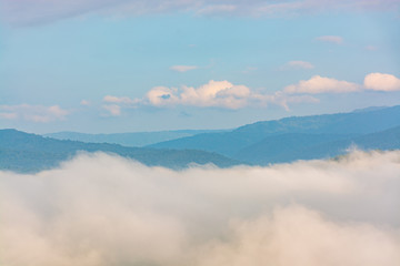 Beautiful mountain of the view point. Scenic beauty with mist in the morning. Phu Pha Nong, Loei, Thailand
