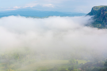 Beautiful mountain of the view point. Scenic beauty with mist in the morning. Phu Pha Nong, Loei, Thailand