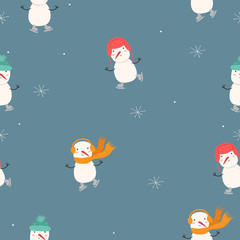 Snowmen are skating. Seamless pattern. Vector graphics.