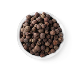 Black pepper in bowl isolated on white, top view