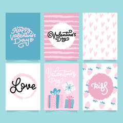 Valentine's Day card set - hand drawn flat style with brush calligraphy. Vector illustration.