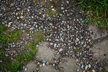 Texture of paving slabs overgrown with grass. Background image of a stratum stone