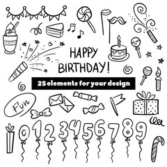 Vector illustration of Happy Birthday badge set. Design elements with lettering text for greeting cards, banner, print. Cake, candle, gift, balloon and other elements isolated on white background