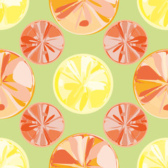Abstract painterly slices of citrus fruit. .Seamless geometric vector pattern on light green background. Great for wellness, spa, health products, cafe, summer, packaging, fabric, stationery