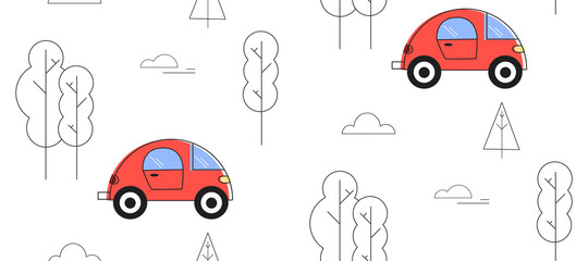 Childish seamless pattern design with cute cars and trees.Perfect for kids fabric,textile,nursery wallpaper.