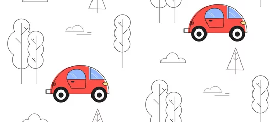 Fototapete Autos Kindisches nahtloses Musterdesign mit niedlichen Autos und Bäumen. Perfekt für Kinderstoffe, Textilien, Kinderzimmertapeten.