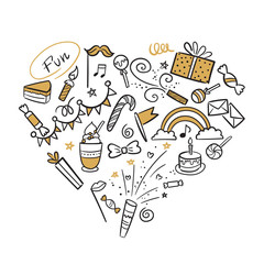 Vector illustration of Best day ever badge set. Doodle set of objects from a child’s life, sketch outline elements. Sweets, toys, bicycle, rollers, rainbow, sun and other elements for you design. 