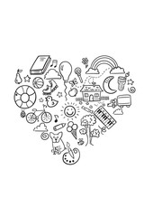 Vector illustration of Best day ever badge set. Doodle set of objects from a child’s life, sketch outline elements. Sweets, toys, bicycle, rollers, rainbow, sun and other elements for you design. 