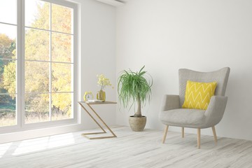 White stylish minimalist room with armchair and autumn landscape in window. Scandinavian interior design. 3D illustration