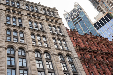 Fototapeta na wymiar Queen Anne and neo-Grec style ornamental facades and Potter Building in Manhattan's Park Row. Taken in New York City on September the 28th, 2019