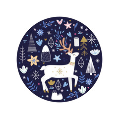 Deer vector print with floral elements, stars and snowflakes..
