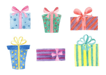 Set of watercolor gifts isolated on white background