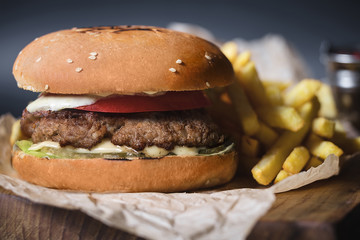 craft burger and fries. fastfood.