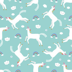 Unicorns and rainbows seamless pattern, nursery background.