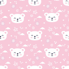 Polar bear face, cute animal, seamless pattern background. Nursery theme