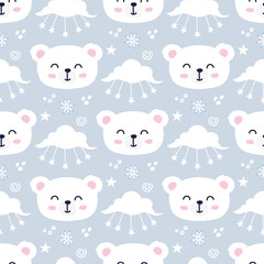 Polar bear face, cute animal, seamless pattern background. Nursery theme