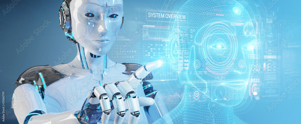 Fototapete White robot  using digital artificial intelligence head interface 3D rendering