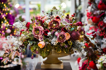 Christmas decorations on the Christmas tree. Christmas flower composition.