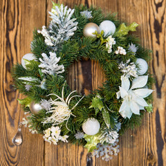 Christmas decorations on the Christmas tree. Christmas flower composition. 