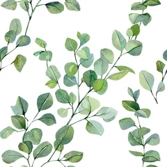 Deurstickers Aquarel bladerprint Groen aquarel naadloze patroon handgeschilderde zilveren dollar eucalyptus. Natuur eco design takken en bladeren. Floral illustratie voor inpakpapier, textiel, rustieke wallpaper achtergrond.