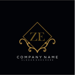Initial letter ZE logo luxury vector mark, gold color elegant classical
