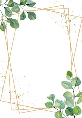 Watercolor hand painted greenery plants and nature eco design card. Floral branches and leaves silver dollar eucalyptus and garden plants. Illustration for design, banner and party card. - 310669585