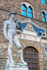 Replica of Statue of David of Michelangelo at Signoria public square (Piazza della Signoria). In the background Palazzo Vecchio. Florence, Tuscany, Italy