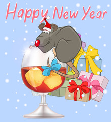 Vector Illustration of Cute Cartoon Character Rat  and Christmas gifts.  Christmas card. Greeting Card