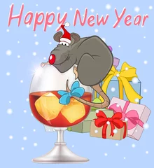 Deurstickers Vector Illustration of Cute Cartoon Character Rat  and Christmas gifts.  Christmas card. Greeting Card © liusa