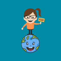 female holding sign save earth global warming campaign