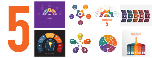 Set 8 universal templates for Infographics conceptual cyclic processes for 5 positions possible to use for workflow, banner, diagram, web design, timeline, area chart,number options - 310671516