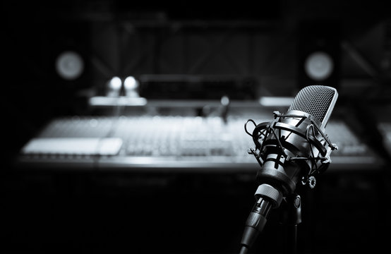 black and white condenser microphone in recording studio