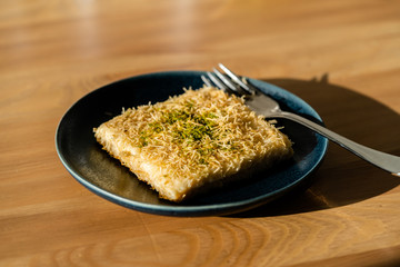 Turkish Dessert Custard Pudding Muhallebi Kadayif with Pistachio Powder